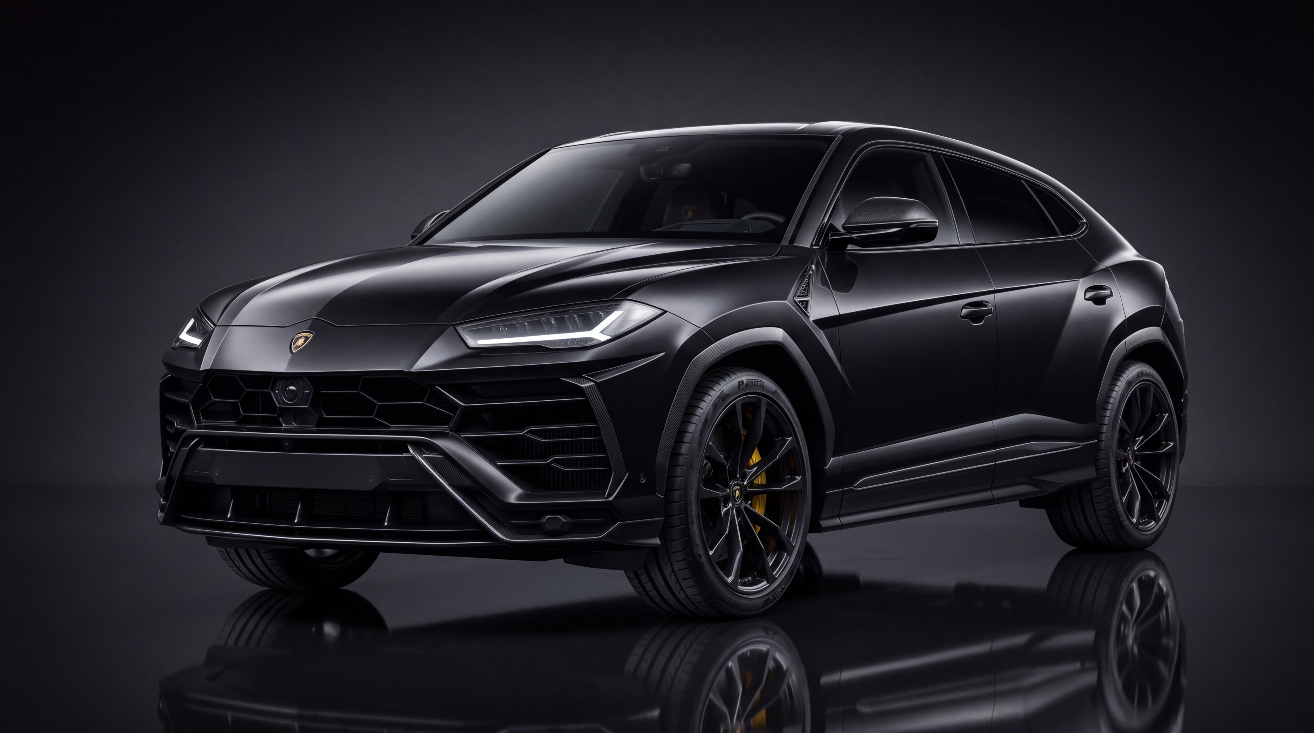 Black Lamborghini Urus in a dark studio
